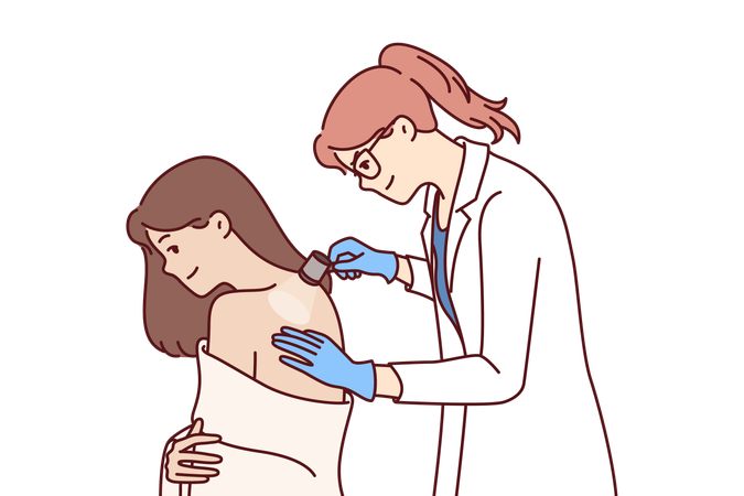 Une dermatologue examine la peau du dos du patient pour aider à se débarrasser des éruptions cutanées  Ilustración