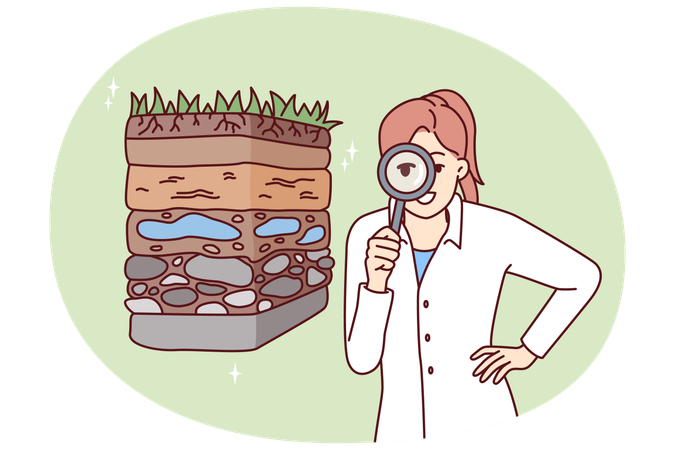 Une écologiste avec une loupe examine la pollution des sols  Illustration