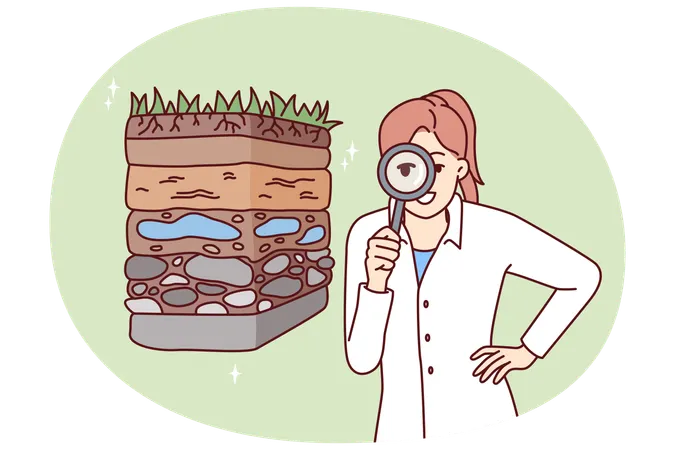 Une écologiste avec une loupe examine la pollution des sols  Illustration