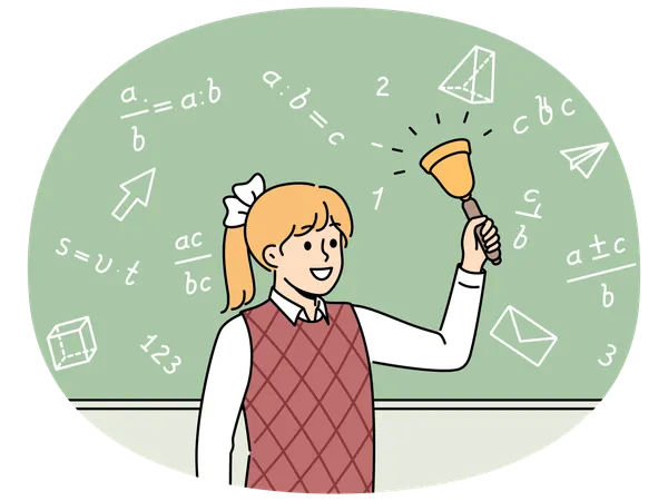 Une élève de l'école primaire avec une cloche se tient près d'un tableau noir avec des formules mathématiques  Illustration