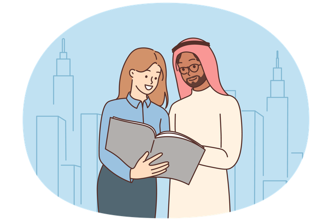 Une entrepreneure présente son projet à un homme d'affaires arabe  Illustration