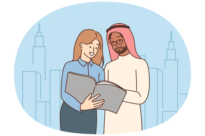 Une entrepreneure présente son projet à un homme d'affaires arabe  Illustration