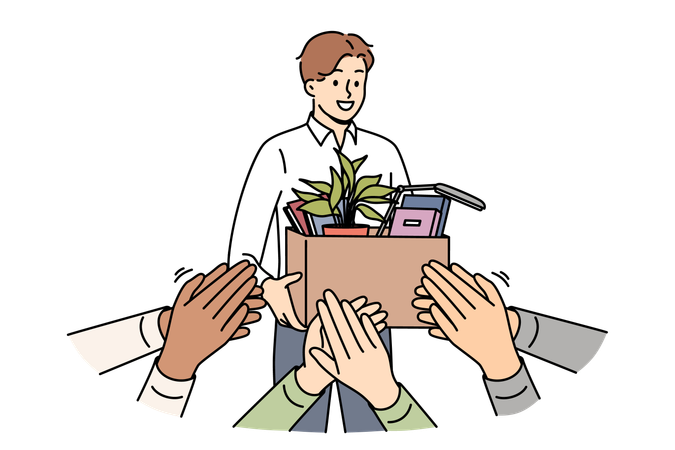 Une équipe accueillante accueille un nouvel employé entrant dans le bureau avec une boîte sous un tonnerre d'applaudissements  Illustration