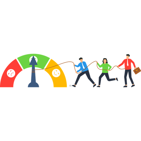 Une équipe commerciale tire sur la corde pour atteindre un indicateur de performance, de progrès et de réussite  Illustration