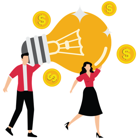 Une équipe de collaboration partage une idée de lampe à ampoule  Illustration