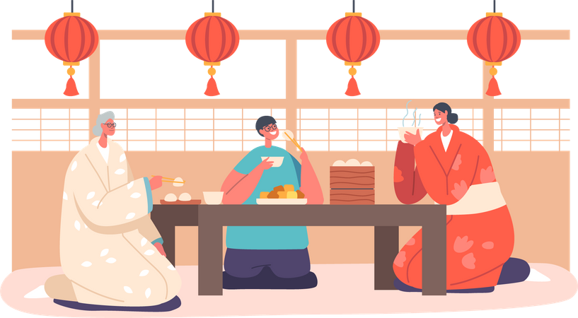 Une famille asiatique et un enfant dînent à la maison  Illustration