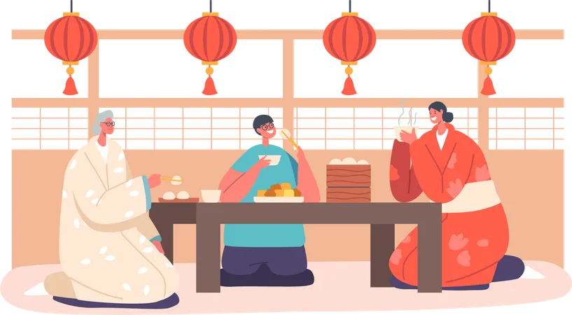 Une famille asiatique et un enfant dînent à la maison  Illustration