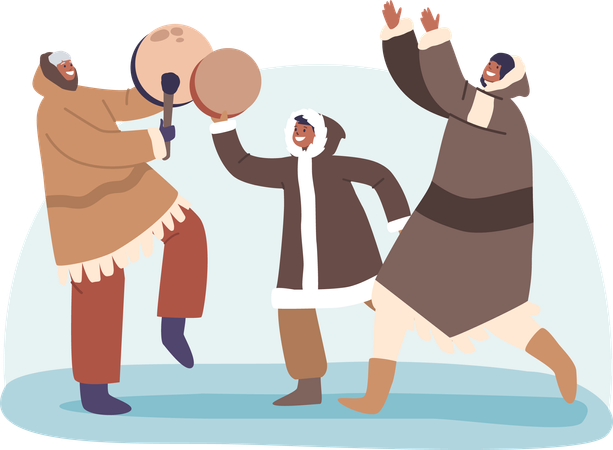 La famille esquimau se rassemble en cercles animés et danse au rythme du tambour et du tambourin  Illustration
