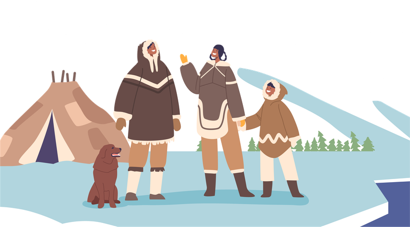Une famille esquimau enveloppée de fourrures chaudes se tient dans une yourte traditionnelle  Illustration
