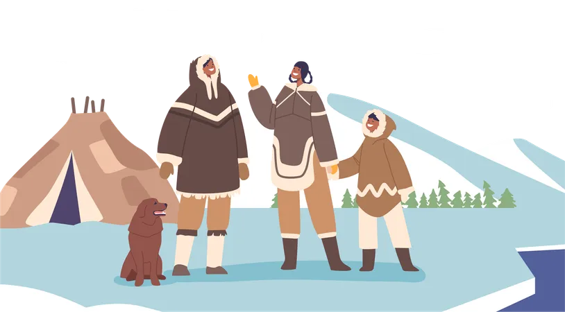 Une famille esquimau enveloppée de fourrures chaudes se tient dans une yourte traditionnelle  Illustration