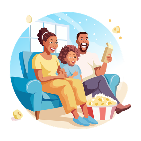 Une famille regarde un film avec du pop-corn  Illustration