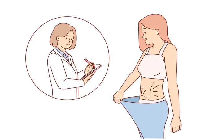 Une femme a subi une liposuccion dans une clinique de chirurgie plastique et montre le résultat au médecin de réadaptation  Illustration