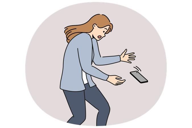 Une femme laisse tomber son téléphone et semble choquée par la chute de son gadget pour faire la publicité d'un verre de protection  Illustration