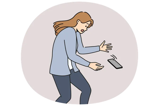 Une femme laisse tomber son téléphone et semble choquée par la chute de son gadget pour faire la publicité d'un verre de protection  Illustration