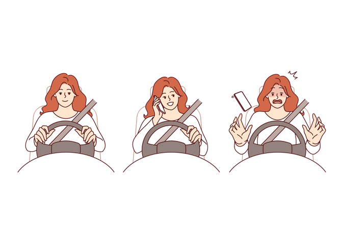 Une femme a un accident de voiture parce qu'elle passe un appel téléphonique au volant et enfreint le code de la route  Illustration