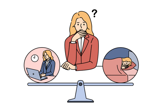 Une femme accro au travail a réfléchi à l'équilibre entre le sommeil et le travail en raison d'un bourreau de travail chronique  Illustration