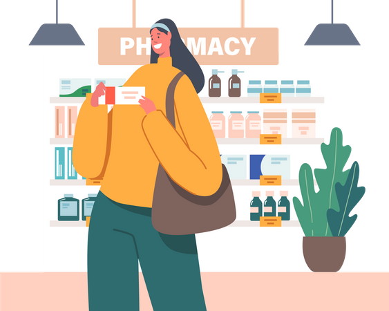 Une femme achète des médicaments dans un magasin de pharmacie  Illustration
