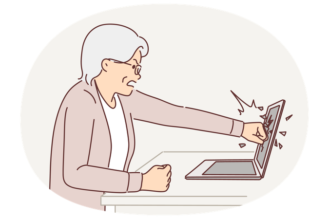 Une femme âgée brise l'écran de son ordinateur portable en le frappant à cause de mauvaises nouvelles sur un site Web  Illustration