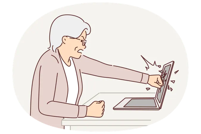 Une femme âgée brise l'écran de son ordinateur portable en le frappant à cause de mauvaises nouvelles sur un site Web  Illustration