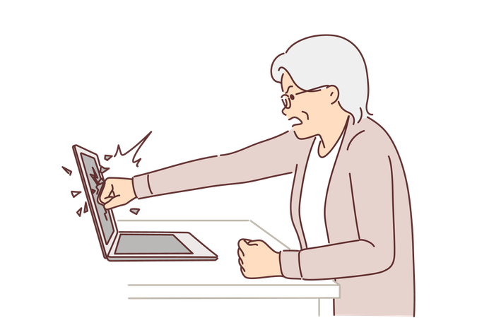 Une femme âgée brise l’écran d’un ordinateur portable en le frappant à cause d’une mauvaise nouvelle  Illustration