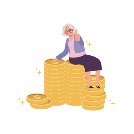 Une femme âgée lève le pouce sur la pile de devises  Illustration