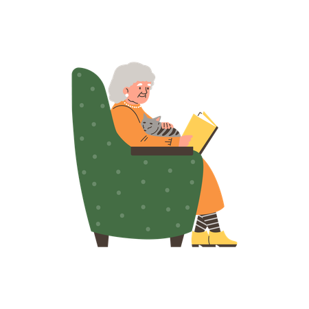 Une femme âgée assise dans un fauteuil caresse un chat et lit un livre  Illustration