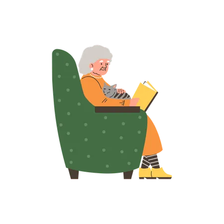 Une femme âgée assise dans un fauteuil caresse un chat et lit un livre  Illustration