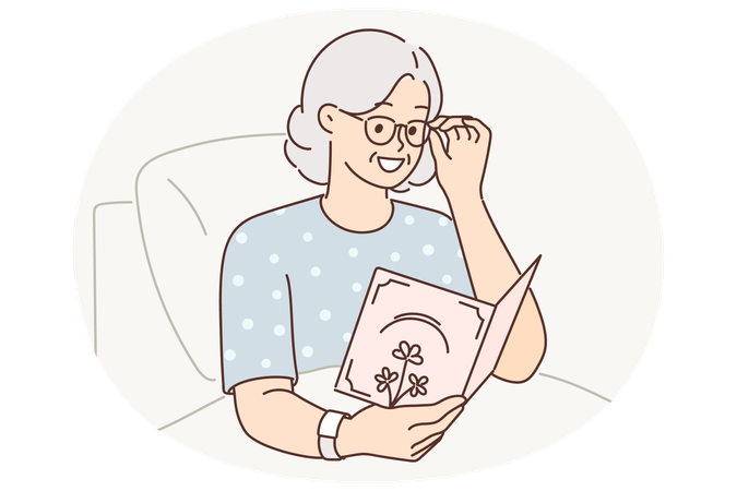 Une femme âgée malade allongée à l'hôpital tient une carte de ses proches avec des vœux de prompt rétablissement  Illustration