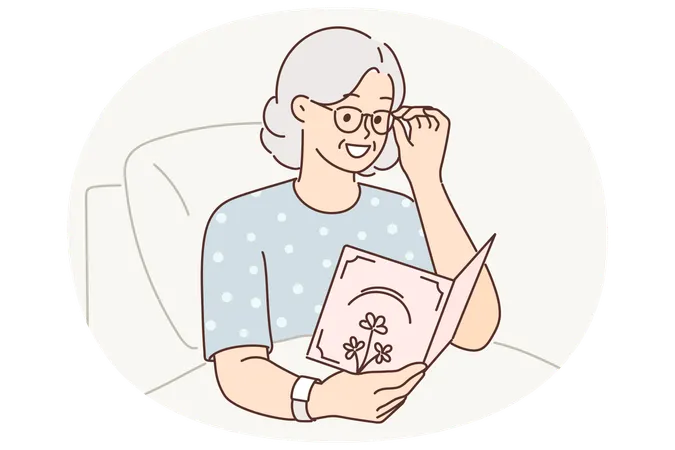 Une femme âgée malade allongée à l'hôpital tient une carte de ses proches avec des vœux de prompt rétablissement  Illustration