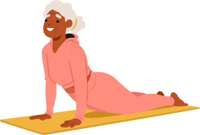 Une femme âgée pratique joyeusement le yoga sur un tapis  Illustration