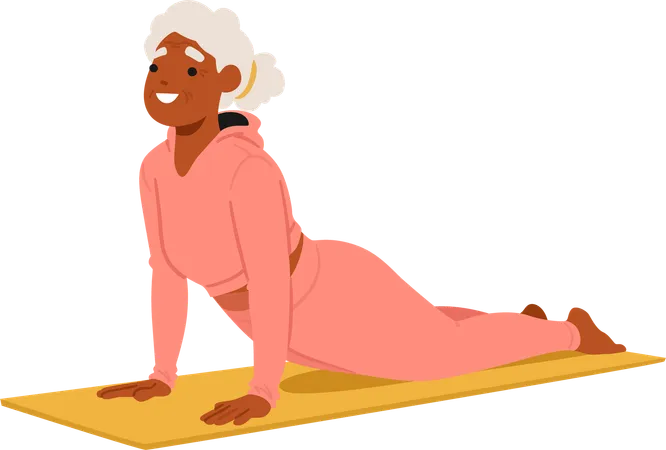 Une femme âgée pratique joyeusement le yoga sur un tapis  Illustration