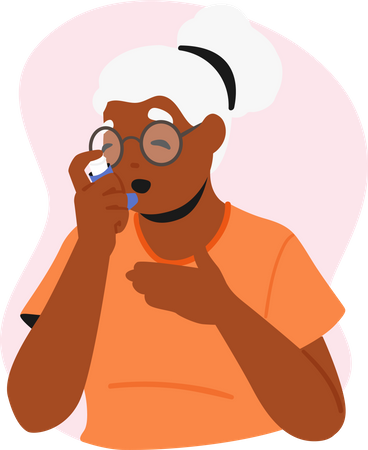 Une femme âgée utilise un inhalateur pendant une crise d'asthme  Illustration