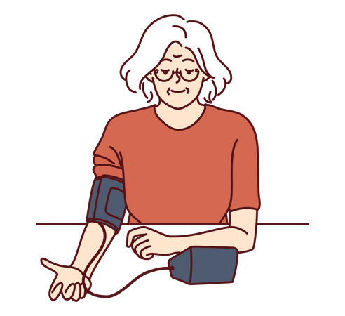 Une femme âgée utilise un tonomètre pour mesurer la tension artérielle  Illustration