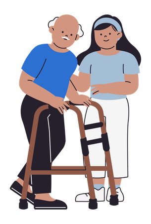 Une femme aide un vieil homme handicapé dans une maison de retraite  Illustration