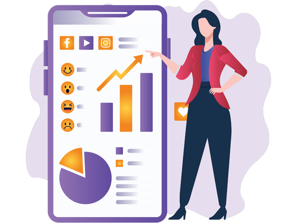Une femme analyse des données commerciales sur son mobile  Illustration