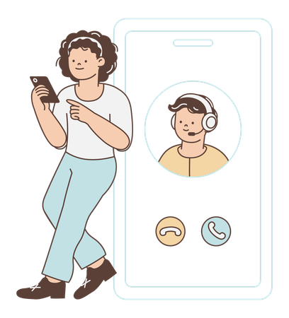Une femme appelle le service client pour obtenir de l'aide sur son téléphone portable  Illustration