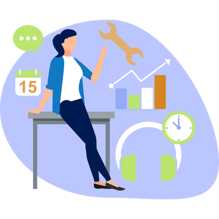 Une femme assise à un bureau avec une horloge, un calendrier et une clé à molette se concentre sur son travail dans un espace de travail bien organisé  Illustration