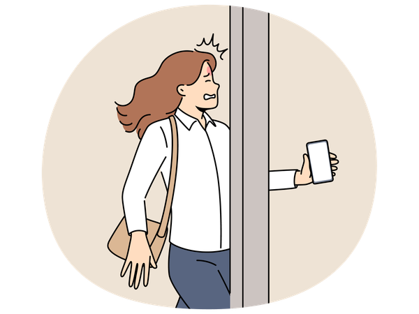 Une femme avec son téléphone a percuté un poteau de rue en raison d'une dépendance numérique et d'un manque d'attention en marchant  Illustration