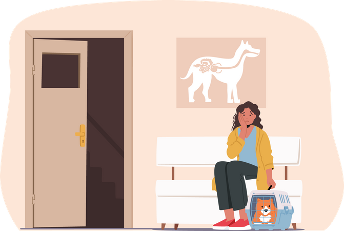 Une femme avec un animal malade est venue à la clinique vétérinaire pour se faire soigner  Illustration