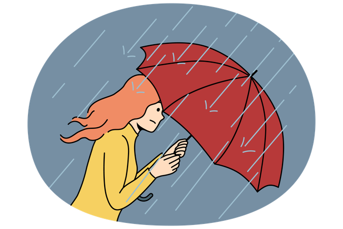 Une femme avec un parapluie se précipite chez elle pendant la pluie et la tempête causées par une vague de froid soudaine en automne  Illustration