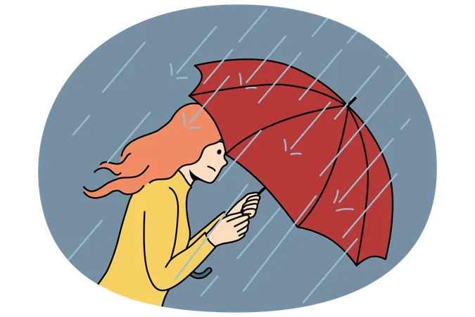 Une femme avec un parapluie se précipite chez elle pendant la pluie et la tempête causées par une vague de froid soudaine en automne  Illustration