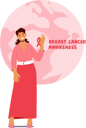 Une femme avec un ruban rose à la main sensibilise au cancer du sein  Illustration