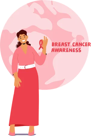 Une femme avec un ruban rose à la main sensibilise au cancer du sein  Illustration