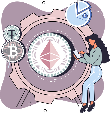 Une femme avec un smartphone utilise une plateforme de trading de crypto-monnaie  Illustration