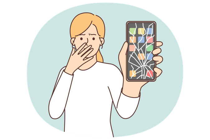 Une femme avec un téléphone cassé se couvre la bouche avec la main et montre l'écran d'un appareil fissuré  Illustration