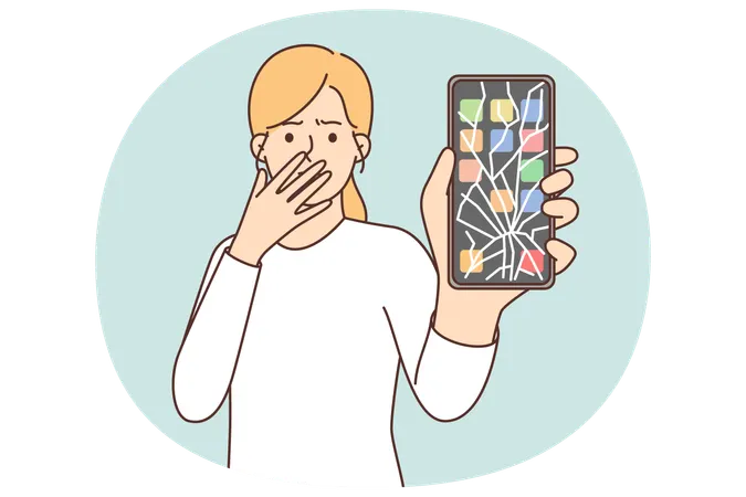 Une femme avec un téléphone cassé se couvre la bouche avec la main et montre l'écran d'un appareil fissuré  Illustration