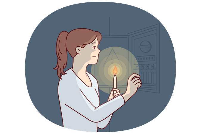 Une femme avec une bougie allumée s'approche du bouclier électrique pour découvrir la raison de la panne de courant  Illustration
