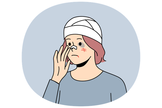 Une femme battue avec un bandage sur la tête et des blessures au visage est devenue victime d'un criminel  Illustration
