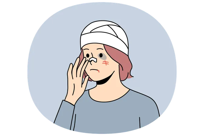 Une femme battue avec un bandage sur la tête et des blessures au visage est devenue victime d'un criminel  Illustration