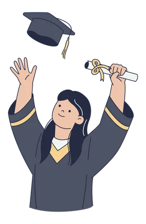 Une femme célèbre sa remise de diplôme avec un diplôme et un chapeau  Illustration